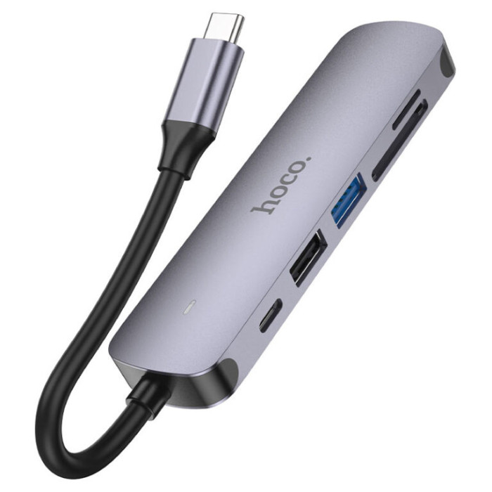 USB-хаб HOCO HB28 Type-C multi-function converter(HDTV+USB3.0+USB2.0+SD+TF+PD) Metal Gray