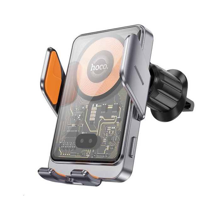 Автотримач для телефона з БЗП HOCO HW7 Transparent Discovery Edition wireless fast charging car holder(air outlet) Metal Gray