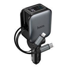 Автомобільний зарядний пристрій HOCO Z67A Triunfar PD60W(1C1A)+Type-C/iP car charger with dual telescopic cable and digital display dark Metal Gray