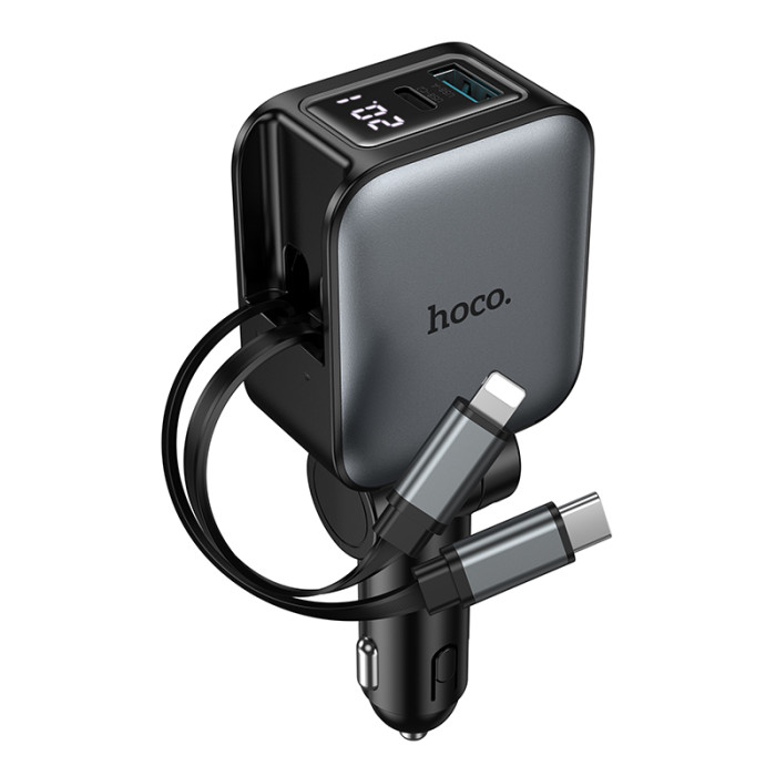 Автомобільний зарядний пристрій HOCO Z67A Triunfar PD60W(1C1A)+Type-C/iP car charger with dual telescopic cable and digital display dark Metal Gray