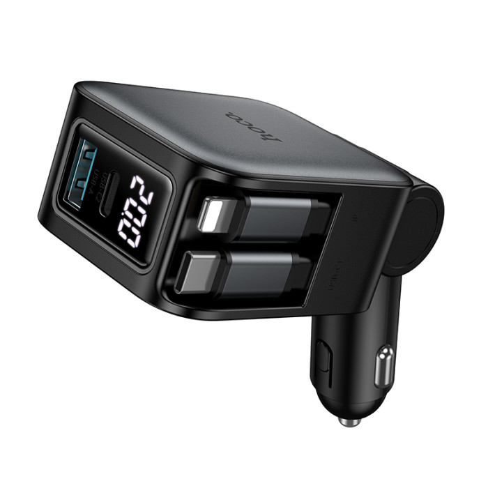 Автомобільний зарядний пристрій HOCO Z67A Triunfar PD60W(1C1A)+Type-C/iP car charger with dual telescopic cable and digital display dark Metal Gray