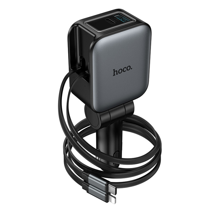 Автомобільний зарядний пристрій HOCO Z67A Triunfar PD60W(1C1A)+Type-C/iP car charger with dual telescopic cable and digital display dark Metal Gray
