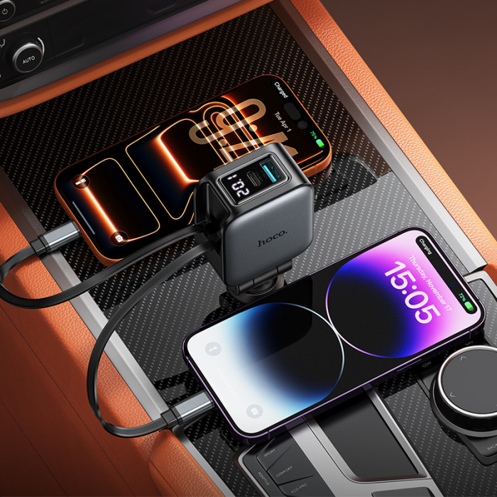 Автомобільний зарядний пристрій HOCO Z67A Triunfar PD60W(1C1A)+Type-C/iP car charger with dual telescopic cable and digital display dark Metal Gray