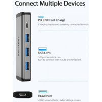 USB-хаб Vention Type-C to HDMI/USB3.0*3/PD Converter 0.15M Gray Metal Type (CNBHB)
