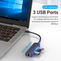 USB-хаб Vention USB-C to USB 3.0*3/RJ45/Micro-B HUB 0.15M Black ABS Type