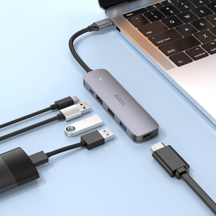 USB-хаб HOCO HB27 Type-C multi-function converter(HDTV+USB3.0+USB2.0*2+PD) Metal Gray