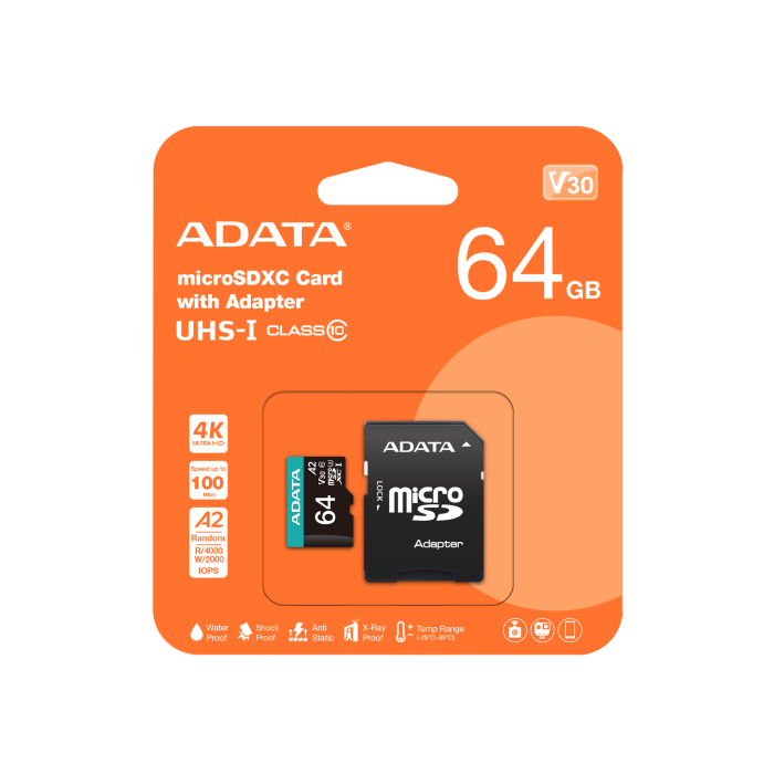 Карта пам'яті microSDXC (UHS-1 U3) A-DATA Premier Pro 64Gb Class 10 V30S A2 (R-100Mb/s W85Mb/s) (adapter SD)