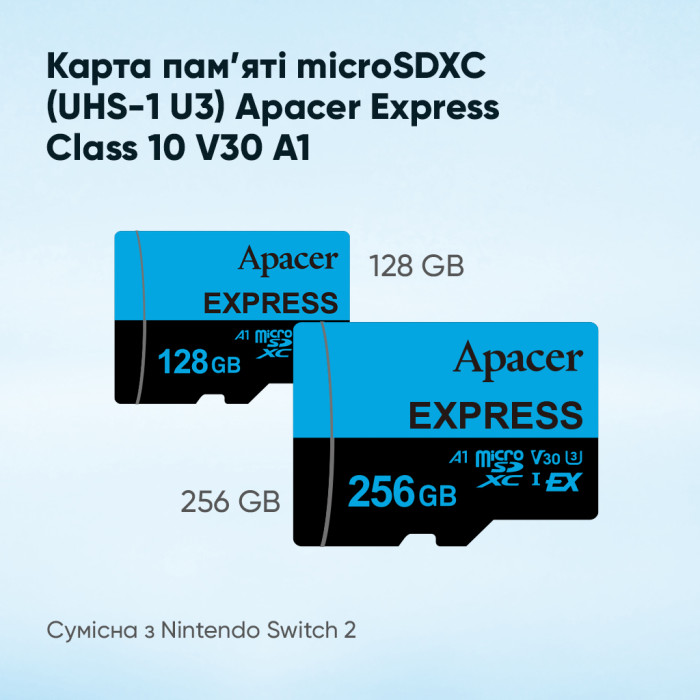 Карта пам'яті microSDXC  (UHS-1 U3) Apacer Express 128Gb class 10 V30 A1  Read/Write:810/700 MB/sec (Compatible with Nintendo Switch 2)
