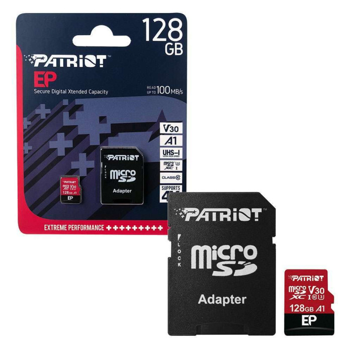Карта пам'яті microSDXC (UHS-1 U3) Patriot EP Series 128Gb class 10 V30 (R-100MB/s, W-80MB/s) (adapter SD)
