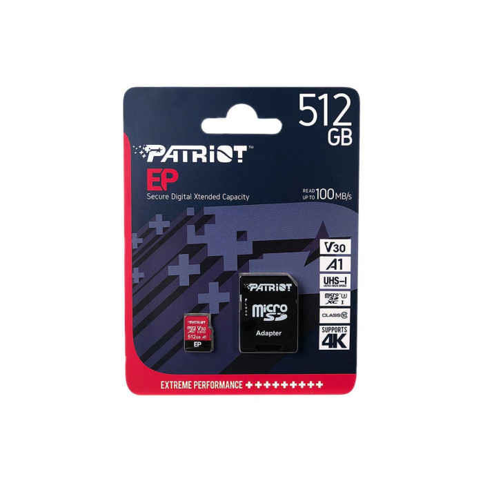 Карта пам'яті microSDXC (UHS-1 U3) Patriot EP Series 512Gb class 10 V30 (R-100MB/s, W-80MB/s) (adapter SD)