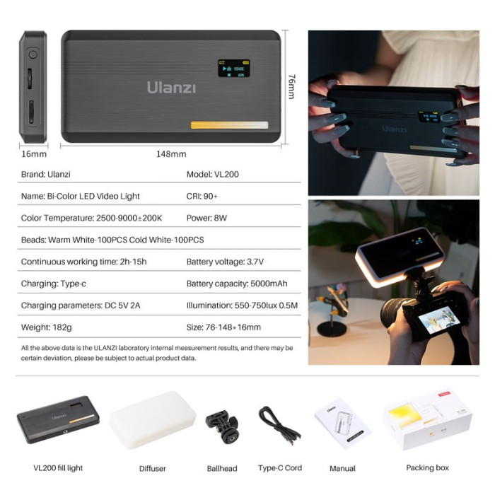 Відеосвітло Ulanzi VL200 Bi-color Led Light 8W Black (2481 VL200)