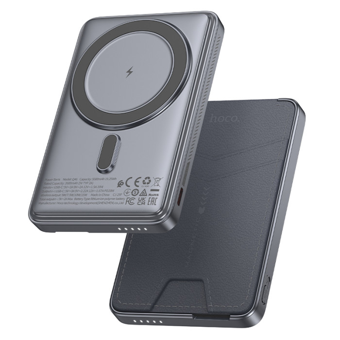 Зовнішній акумулятор HOCO Q46 Title PD20W magnetic power bank+card holder+phone holder(5000mAh) Silver Gray