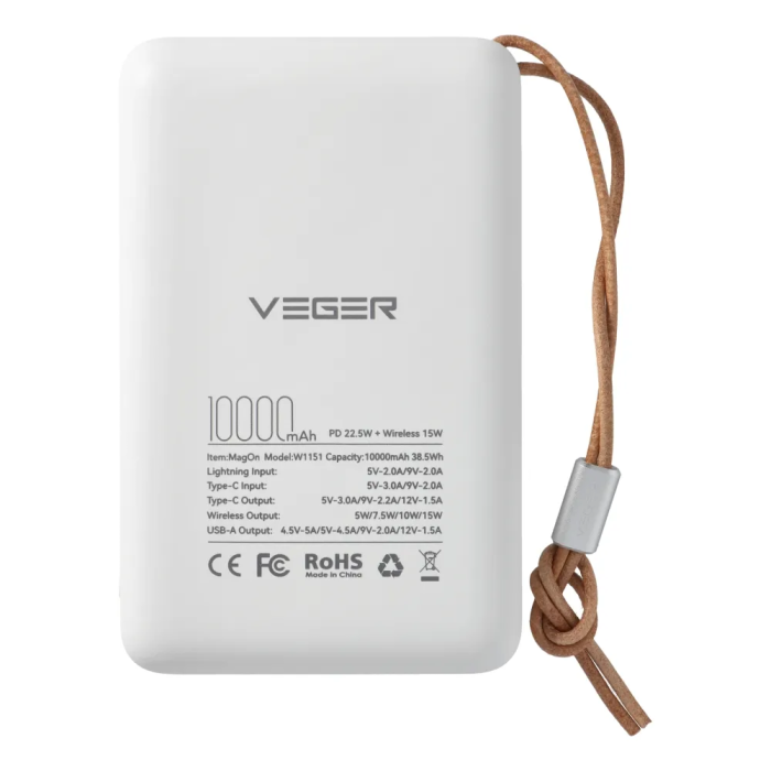 Зовнішній акумулятор VEGER MagOn Wireless Power Bank 10000mAh White