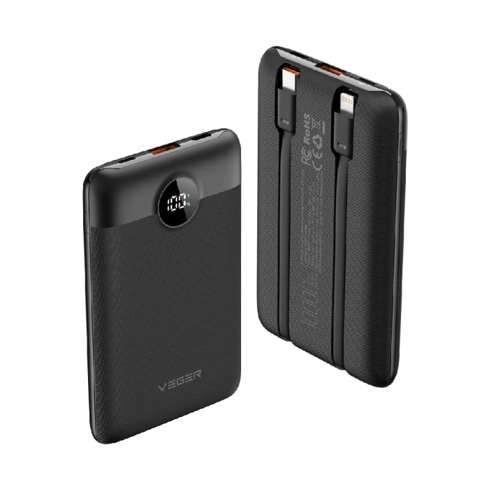 Зовнішній акумулятор VEGER 10000 mAh with built-in cables Type C / Lightning PD QC3.0 2A 22,5W C11 (W1170) black