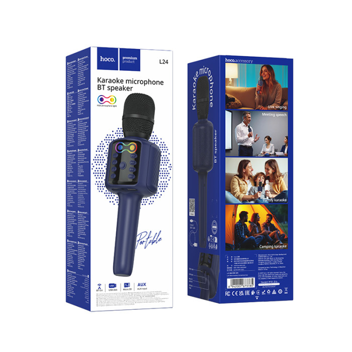Портативна колонка-мікрофон HOCO L24 Shine karaoke microphone, 5W, Blue