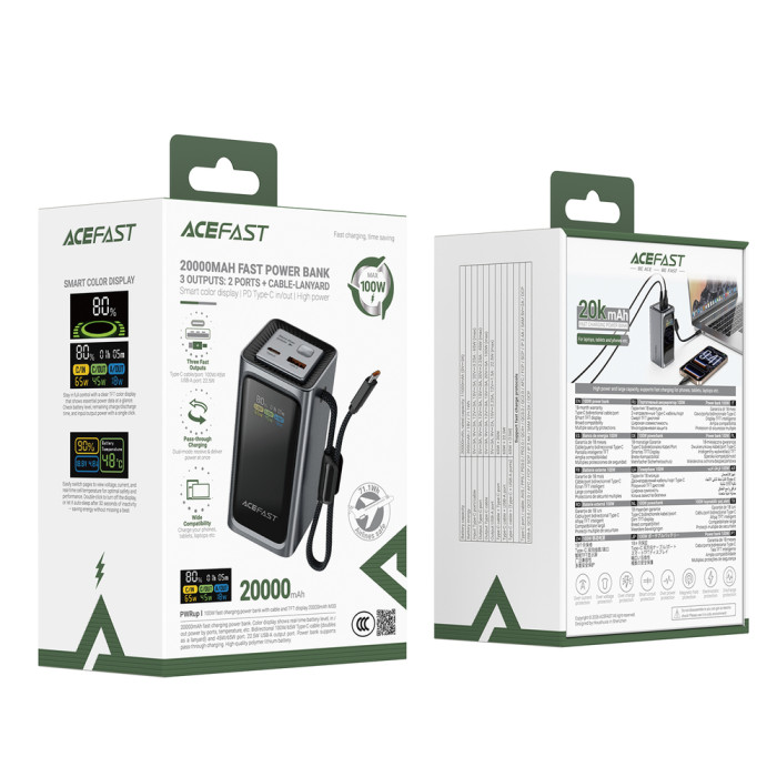 Зовнішній акумулятор ACEFAST M33-20000 100W fast charging power bank with cable and TFT display metal gray