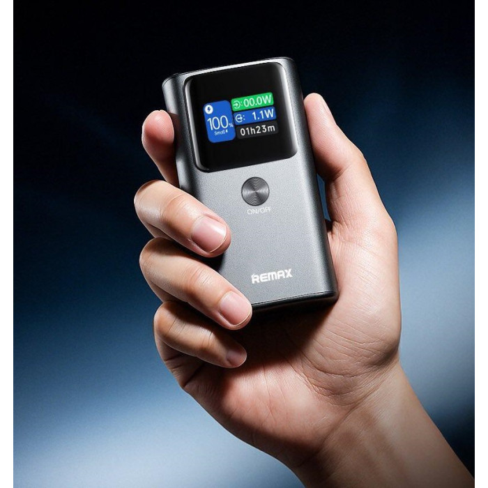 Зовнішній акумулятор REMAX Dinba 55W+22.5W PD+QC color screen aluminum alloy fast charging power bank 10000mAh FP-7 Grey