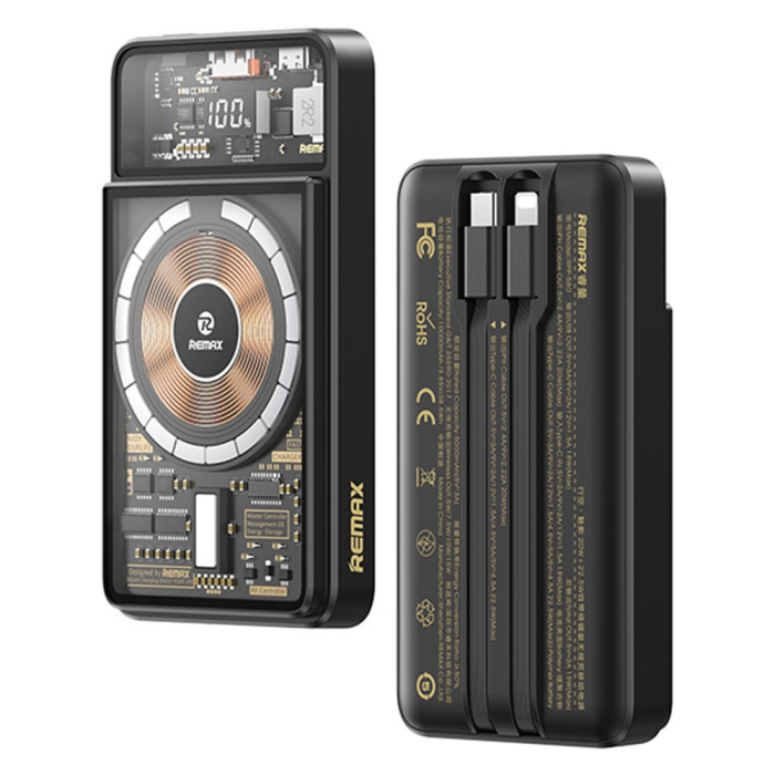 Зовнішній акумулятор REMAX Walking·Phantom Series PD20W+QC22.5W Cabled Magnetic Wireless Charging Power Bank 10000mAh RPP-580 Black