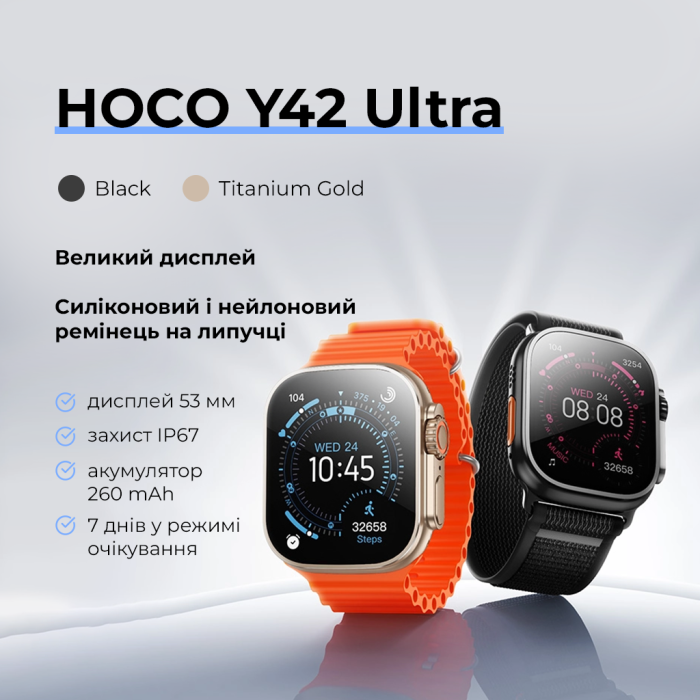 Смарт-годинник HOCO Y42 Ultra 53mm. 260 mAh. IP67 Smart watch(call version) titanium gold